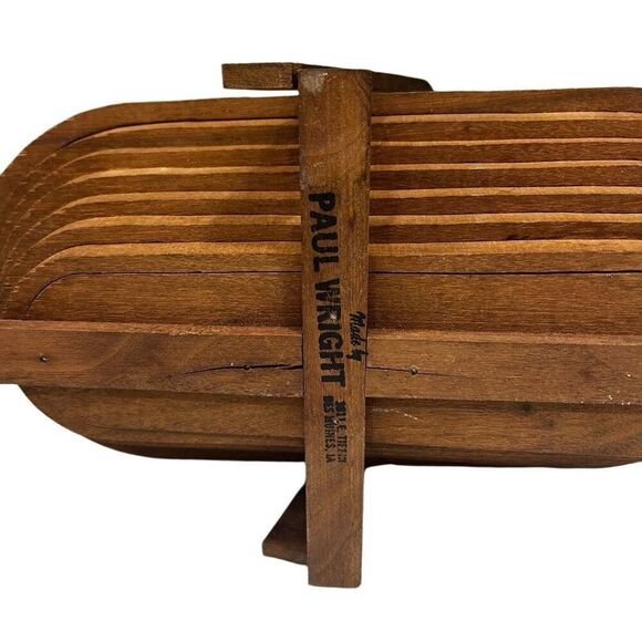 Paul Wright Collapsible Brown Wooden Basket With Handle Oval Shaped Storage - Picture 5 of 12